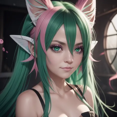 Fey with pink skin has four black eyes and fish ears and green hair