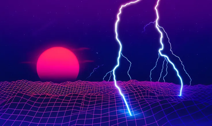 Arafed image of a red ball with lightning in the sky, vaporwave lighting style, estilo retrowave, fundo vaporwave, fundo synthwave, Vaporwave Sci - Fi, arte retrowave, Fundo do nascer do sol vaporwave, retro-wave vibes, estilo de arte synthwave, vaporwave ...