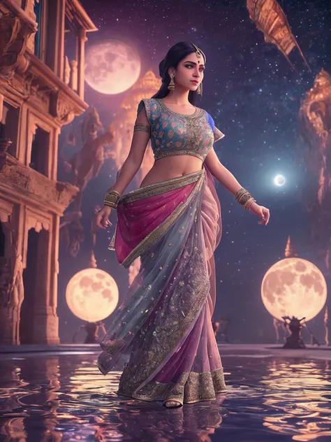 A beautiful indian woman dressed in indian design clothes, standing on a wet surface ground,  with indian designed sculptures in the background with the moonlight and night sky full of stars, indian designed instruments in the scene, with iridescent light,...