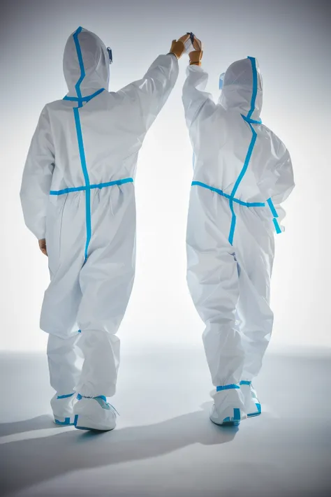 They wear white and blue uniforms，Hand in hand, hazmat suits, staff wearing hazmat suits, clean medical environment, Surgical gowns and scrubs, author：Matthia Jama, two figures wearing gas masks, technical suit, one single man in a hazmat suit, surgical ge...