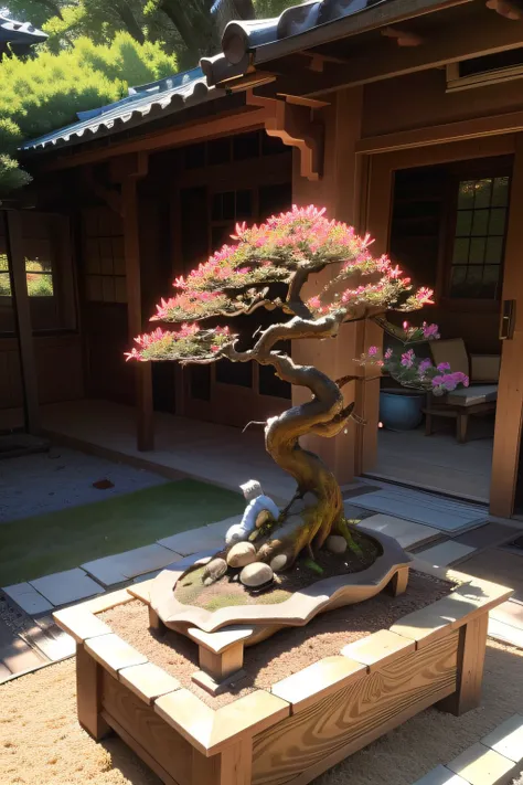 In your own open-air yard, In the yard, There are black pine bonsai, Rhododendron bonsai, Red leaf bonsai, The owner of the yard is pruning the bonsai, Bonsai should have a close-up, Mountains and streams across the yard, And the resulting picture should b...