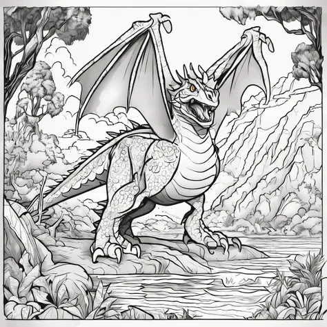 Coloring page for kids, no color, dragão Wyvern in a volcano no color, cartoon style, black and white, low detail, no shading, no color