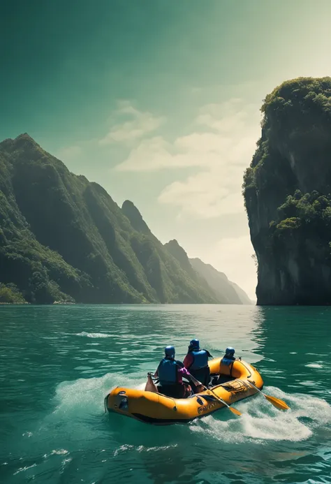 Vast emerald green mountains and deep blue oceans. With rafting boats