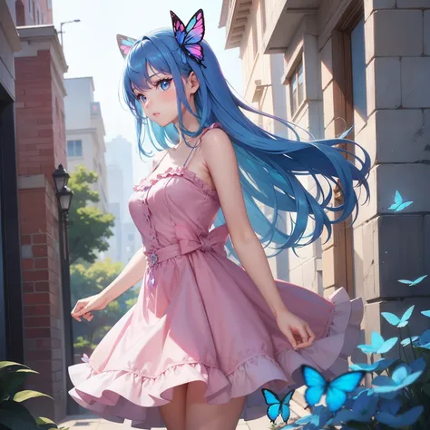 a women, blue butterfly, blue hair, pink eyes, pink dress