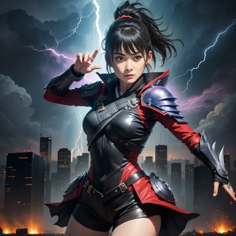 The background is a city,1girl in,Solo,Full body,Illustration,Ninja costume,Picture,Aura of thunder and lightning.Fighting,detailed face