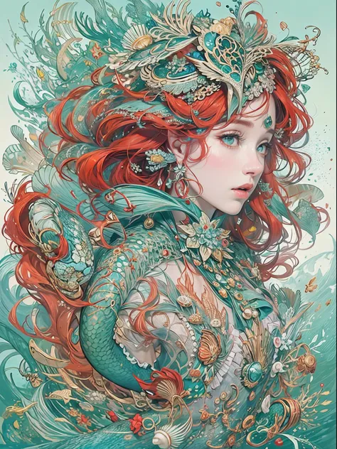 offcial art, Unity 8k壁纸, Ultra-detailed, Beautiful and aesthetically pleasing, tmasterpiece, best qualityer, (zentangle, datura, clew, meshing), (s fractal art: 1.3), 1 mermaid, (Red hairstyle: Long hair) Ocean, Extremely detailed, dynamic angle, Cowboy sh...