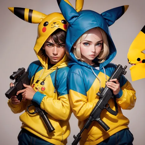 Two men with Pikachu hoods，holding a gun in her hand