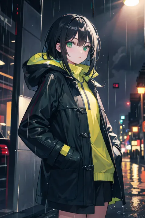 1girl, Night City, rain, coat, hands in pockets, Black hair, Green eyes