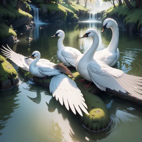 Cisnes brancos na floresta encantada, alta qualidade, super realista, pintura detalhada.