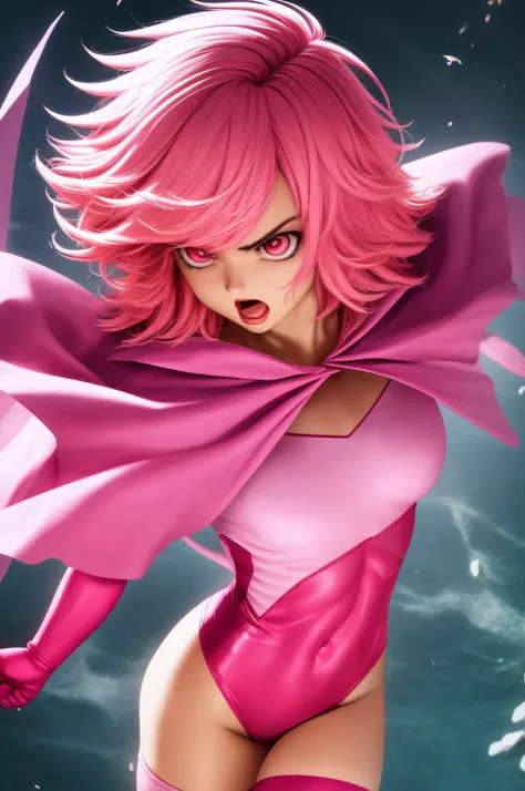 masterpiece, best quality,  upper body, face, torso, detailed skin, [anime|realistic|anime], from above, looking up, angry expression, open mouth, particles in air, cinematic lighting,  BREAK,
short and (messy pink hair), (glowing pink eyes), pink eyebrows...