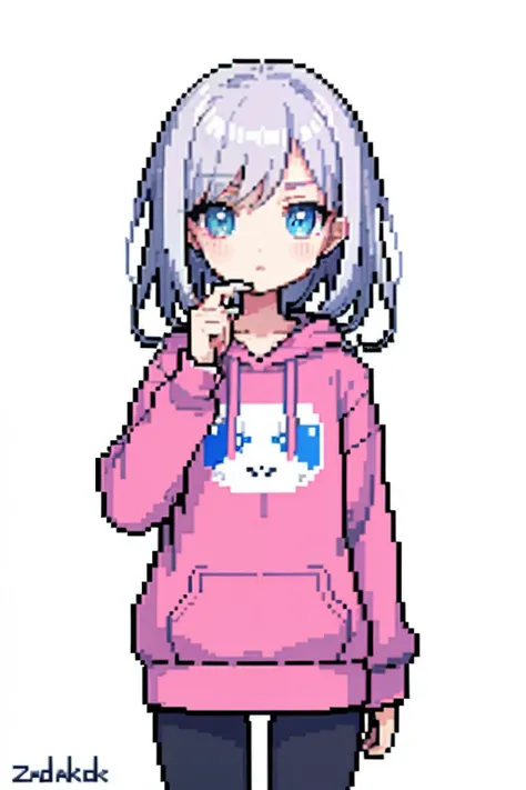 （tmasterpiece，top Quority，best qualtiy），pix，pixelart，1girll，full bodyesbian，Pink and white sweatshirt，Gray hair。