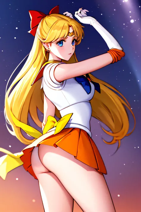 masterpiece, best quality, high resolution, venus1, 1 girl, solo, senshi sailor uniform, sailor venus, aino minako, blonde hair, magical girl, blue eyes, orange ultra mini skirt, elbow length gloves, tiara, pleated skirt , hair bow, orange sailor necklace,...