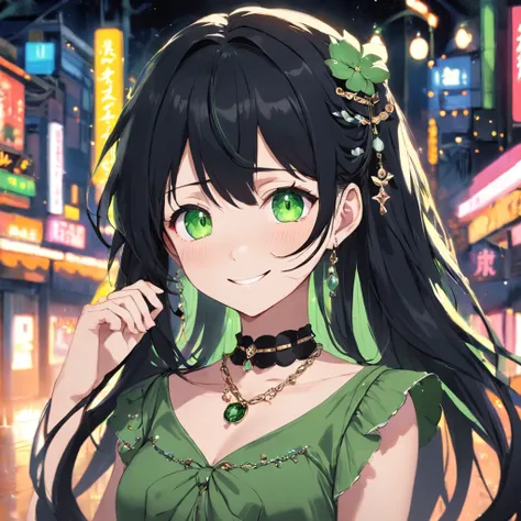 necklace and earrings、Smiling girl wearing bracelet and other accessories，She is white、Has long black hair and moss green damp eyes.，She wears a sparkling black dress with accessories.，