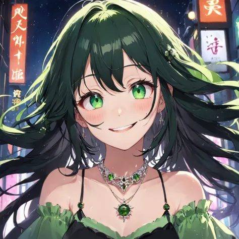 necklace and earrings、Smiling girl wearing bracelet and other accessories，She is white、Has long black hair and moss green damp eyes.，She wears a sparkling black dress with accessories.，