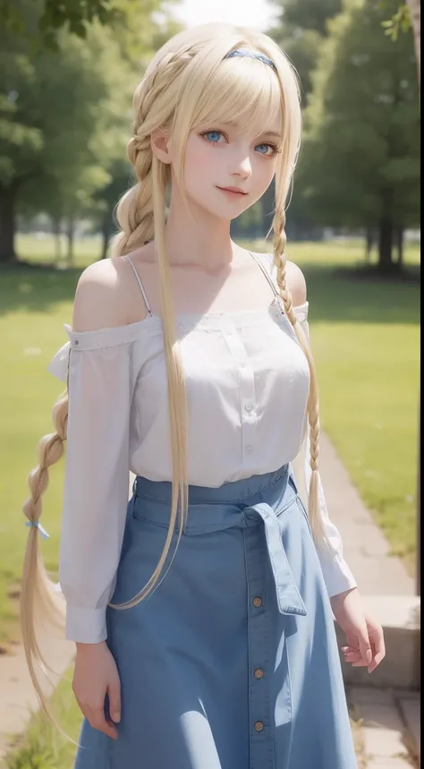 alice zuberg, bangs, blue eyes, blonde hair, hair between eyes, very long hair, braid, hairband, white hairband,masterpiece, best quality, 1girl, Alice, standing, cowboy shot, outdoors, detailed background, nature, off-shoulder shirt, skirt, smile, happy, ...