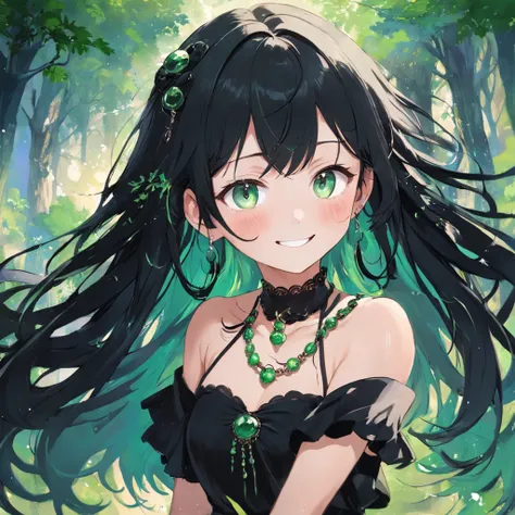 Necklaces and earrings、Smiling girl wearing bracelet and other accessories，She is white and has long black hair and moss green moist eyes.，She is wearing a black dress that shines with accessories.，