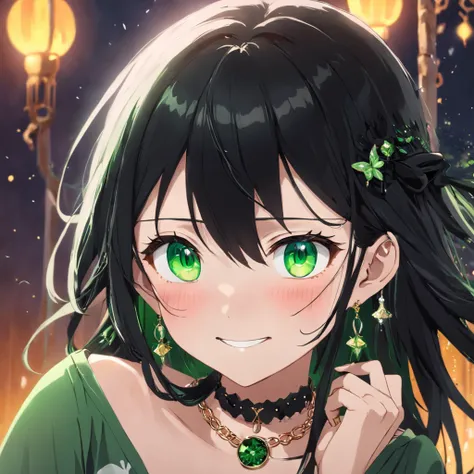 Necklaces and earrings、Smiling girl wearing bracelet and other accessories，She is white and has long black hair and moss green moist eyes.，She is wearing a black dress that shines with accessories.，