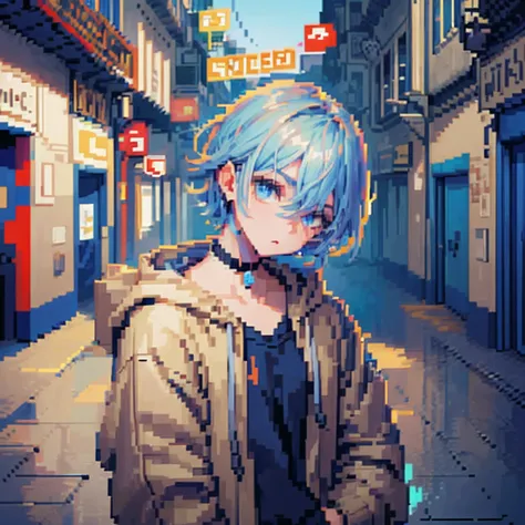 ((The style of pixel art)), pix, 4-bit pixel art, 1 Boys close, Face only, Beige hair, blue hairs, Blue eyes,  choker necklace,Loose hoodie,Black hoodie， Pixel official art, absurd res, view the viewer, solofocus, Dynamic Angle, Head tilt, , Ultra-fine pix...