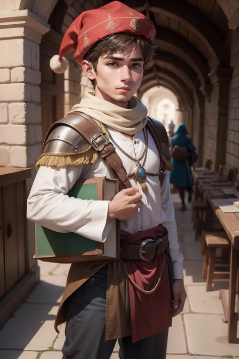 jovem gnomo com roupas velhas segurando um livro usando uma bolsa em uma cidade medieval, no estilo dungeons and dragons