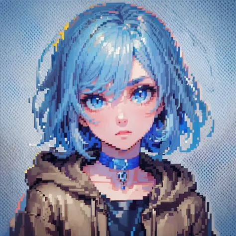 ((the style of pixel art)), pix, 4-bit pixel art, 1 boys close, face only, beige hair, blue hairs, blue eyes,  choker necklace,l...