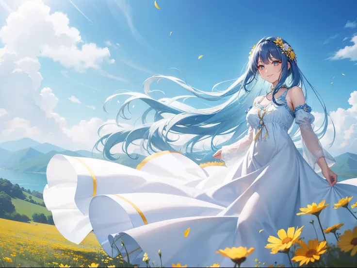 Pretty girl　blue hairs　Long　Dark hair　a smile　Hair swaying in the wind　Cosmos flowers as far as the eye can see　White and yellow long dress with ruffles　blue-sky　Fantasia　Picture-book-like scenery