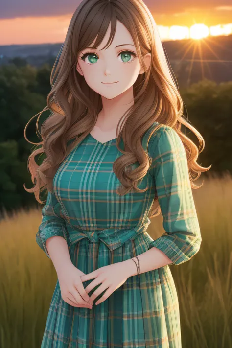 girl with light brown, wavy hair, dark green eyes, wearing light blue plaid dress, sunset background, sunset, 4K,(((high quality image)))), shades of green