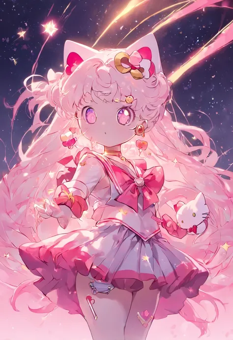 "Hello Kitty meets Sailor Moon, creating a unique hybrid character with a touch of magic."