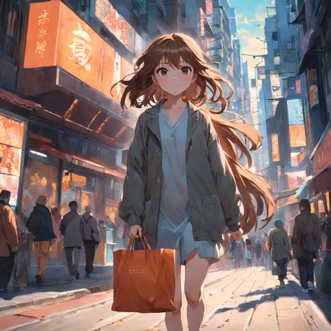 Girl happily walking with large fashionable bag，rightward，full bodyesbian，Skipping，Lustrous brown hair，Walking around the city，