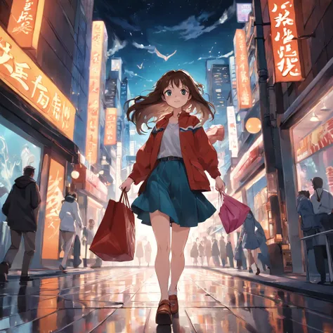 Girl happily walking with large fashionable bag，rightward，full bodyesbian，Skipping，Lustrous brown hair，Walking around the city，