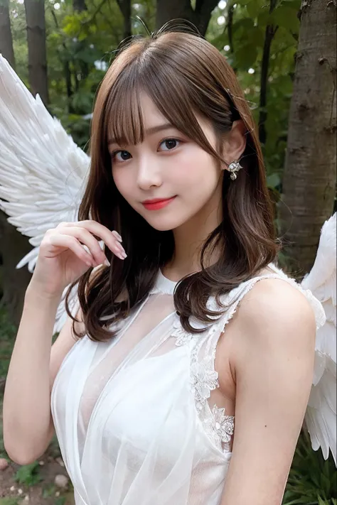 (Sheer and revealing white fluffy outfit:1.3, ),(in woods、Angel with glass wings floating in a deep mist:1.3),,shiny light brown and orange striped hair,,,,Cute smile,Perfect round face,A cheerful smile that makes the viewer happy,Proper body proportion,ma...