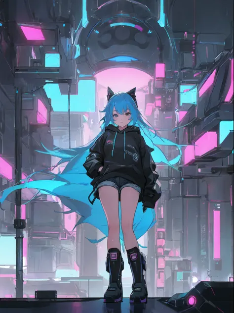 1 girl, Whole body, Blue hair, Long hair, Black and blue hoodie, Black boots, Shorts, Futuristic city, Neon light, Delicate background, Delicate facial features, Best Quality