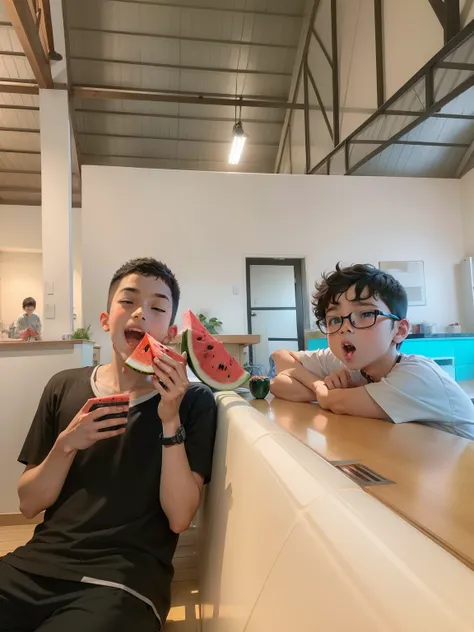 Two boy eat watermelon