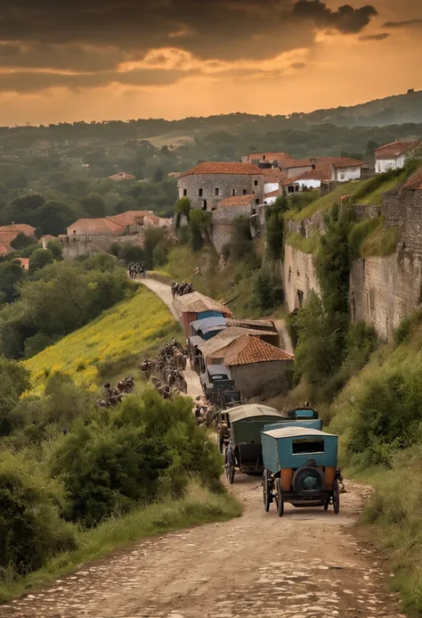 Uma caravana medieval antiga francesa, com cavaleiros seguindo em fila por uma estrada medieval, com as muralhas da cidade ao fundo, imagem real, rostos perfeitos, some wagons, some soldiers on foot, vista dos olhos de um observados na beira da estrada, fo...