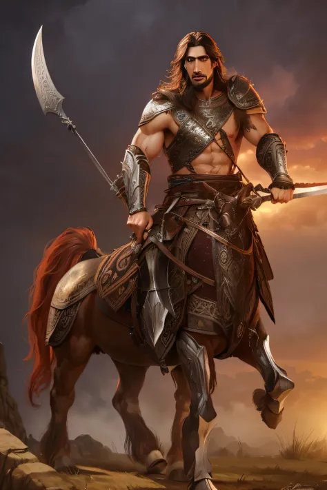 a man with a sword riding a horse in a field, male centaur centaur chimera, male warrior, horse warrior, centaur from greek mythology, persian warrior, centaur horse, adam driver as a centaur warrior, picture of an adult male warrior, a centaur, centaur, e...