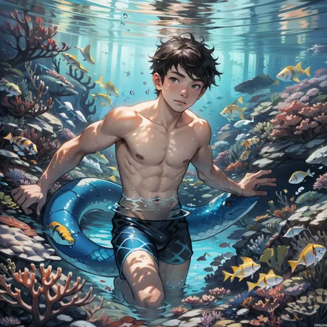 A boy swims at the bottom of the sea，water snake