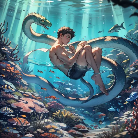 A boy swims at the bottom of the sea，serpent