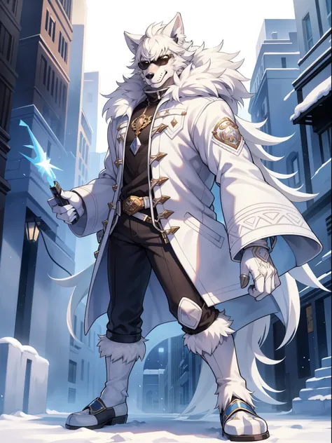 solo，white-haired werewolf in white jacket, wearing sunglasses，walking on the snow，hyper hd, anatomically correct, super detail,...