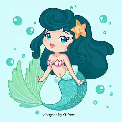 Cartoon mermaid long hair，ssmile， beautiful mermaid, a mermaid in the sea, little mermaid, mermaid body, ariel the little mermaid, little mermaid, Mermaid tail, Cartoon style illustration