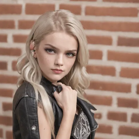 On a brick wall. Graffiti drawing. On the background of a white circle, a cute cool blonde rocker with a tattooed young girl in black clothes, on her shoulder an owl