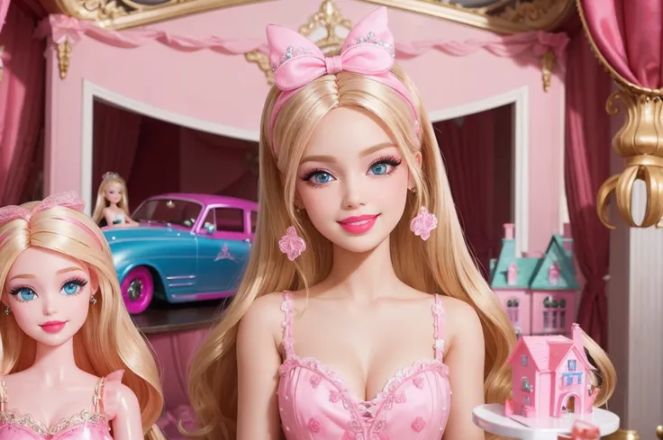 barbie, blonde, tan, blue eyes, heavy makeup, long eyelashes, pink long nails, pink lips, smiling, cute, doll toy, barbie doll, in her mansion with pink decor and a pink fancy car