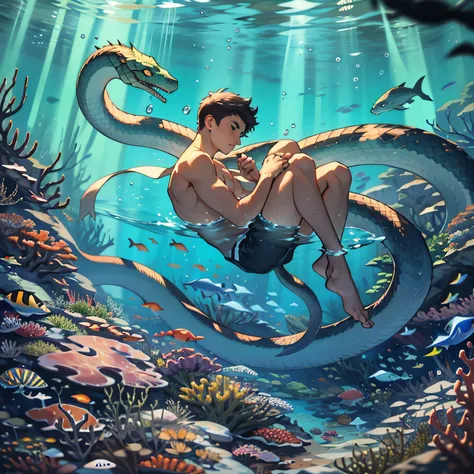 A boy swims at the bottom of the sea，serpent