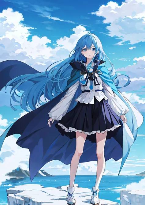 Anime girl with blue hair and blue eyes standing on a cliff in a long hair cloak looking at the camera，White clouds behind you