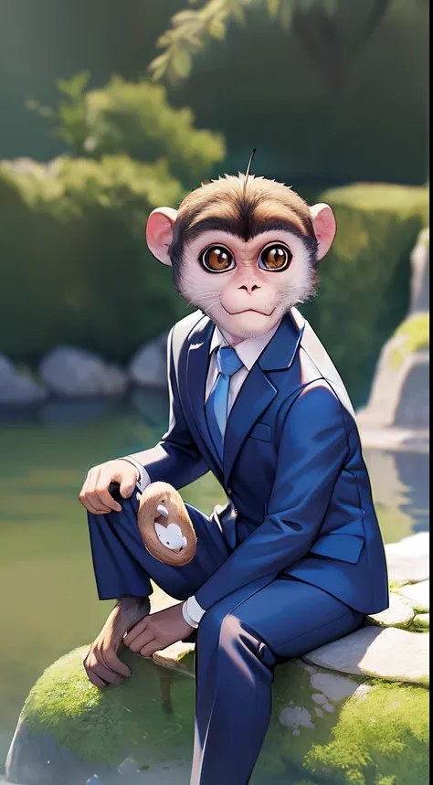 A monkey（Upper body close-up 1.6）wear suit，Sitting on a large rock by the pond，com rosto detalhado，The eyes are delicate，The photo quality is the best，Realistic image quality，Background diffuse lighting，Depth of field display。