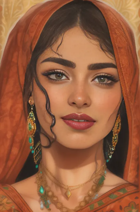 A detailed, Hand-drawn illustration of Libyan woman in traditional dress and jewelry.