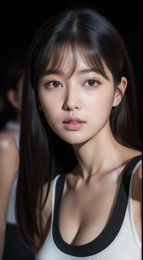 realistic photos of 1 cute Korean star, medium hair, hair flying, white skin, thin makeup, 32 inch breasts size, wearing black tank top, at the funny fair, night, close-up portrait, UHD