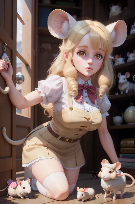 Blonde girl in a short skirt and a pair of mice, beautiful mouse - girl, Guviz-style artwork, Very nice and cute sheep girl, Beautiful young sheep woman, photorealistic anime girl rendering, 3 d anime realistic, Loish et WLOP, Realistic anime 3 D style, Re...