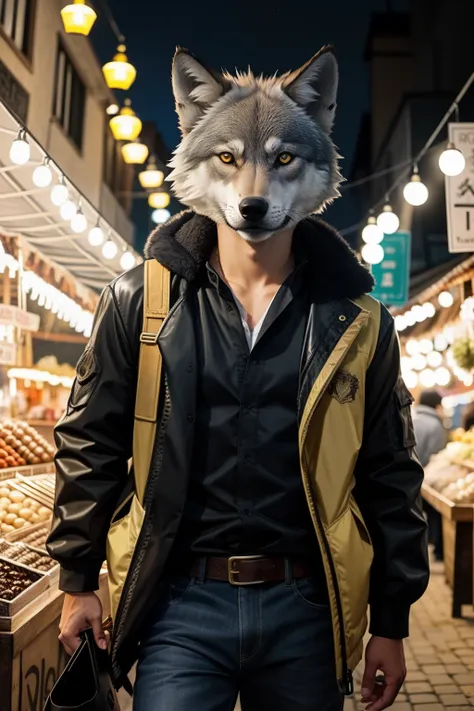 cool guy，wolf head，shop at the long outdoor animal market，the night：1.4，ancient shop theme：1.4，（realism light effect：1.4，raw pho...