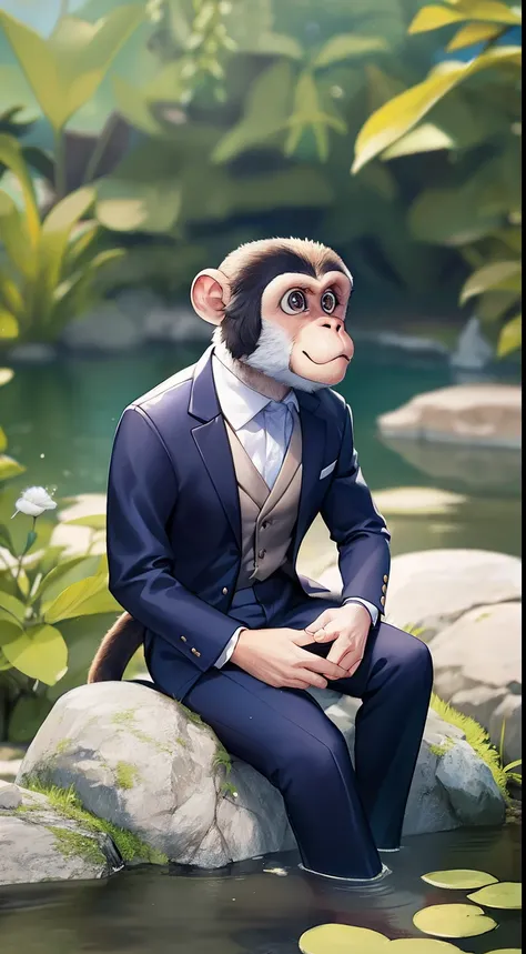 A monkey（Upper body close-up 1.6）wear suit，Sitting on a large rock by the pond，com rosto detalhado，The eyes are delicate，The photo quality is the best，Realistic image quality，Background diffuse lighting，Depth of field display。