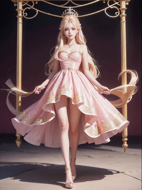 （Pinkish background），barbiecore，A princess，（cabellos largos dorados:1.5）cabellos largos dorados，Kizi，delicated face，Crystal shoes，Golden hair，standing on your feet