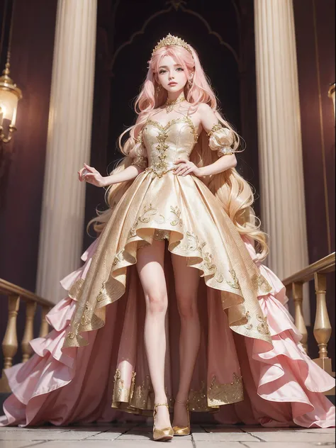 （Pinkish background），barbiecore，A princess，（cabellos largos dorados:1.5）cabellos largos dorados，Kizi，delicated face，Crystal shoes，Golden hair，standing on your feet